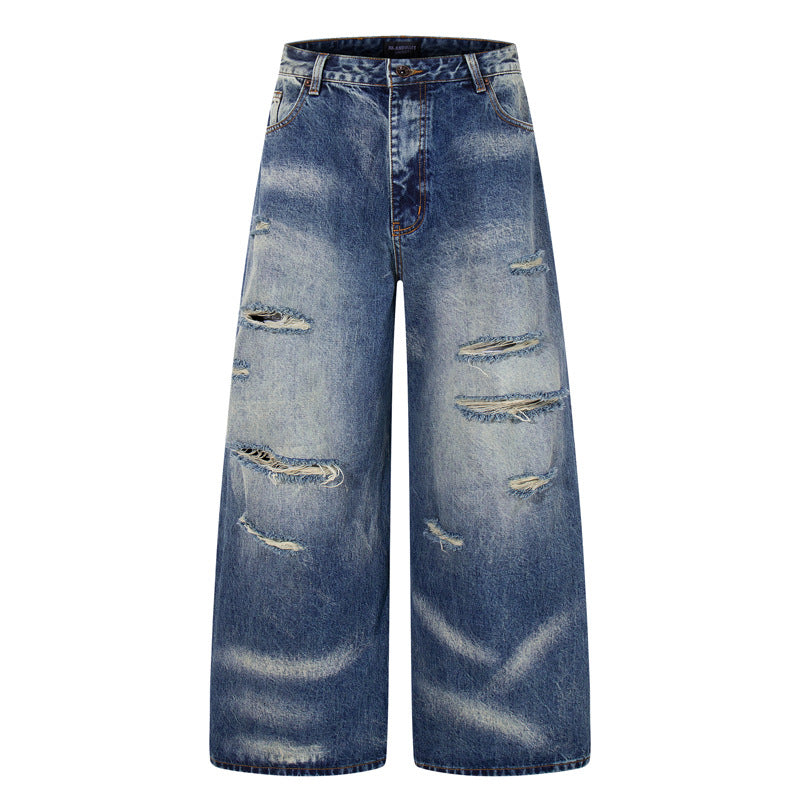 Vintage  Design Ripped Streetwear Loose Fit Jeans for Men