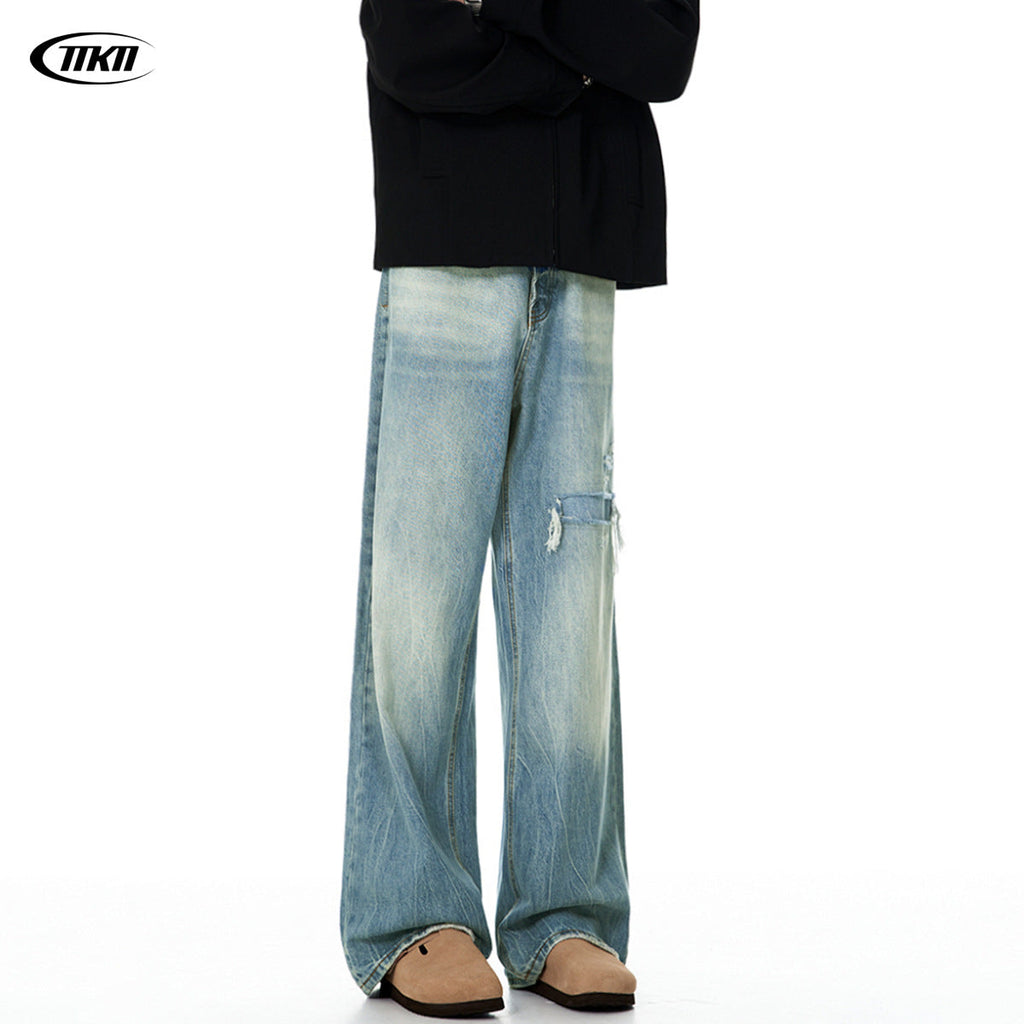 Blue Denim Pants for Men and Women - Knife-Cut Destruction, Water Washed, Wide-Leg Casual Trousers