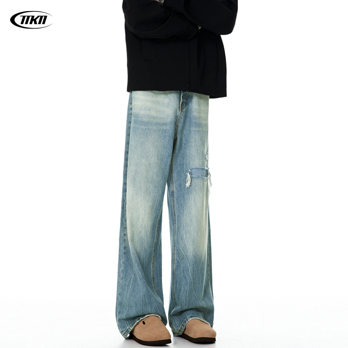 Blue Denim Pants for Men and Women - Knife-Cut Destruction, Water Washed, Wide-Leg Casual Trousers