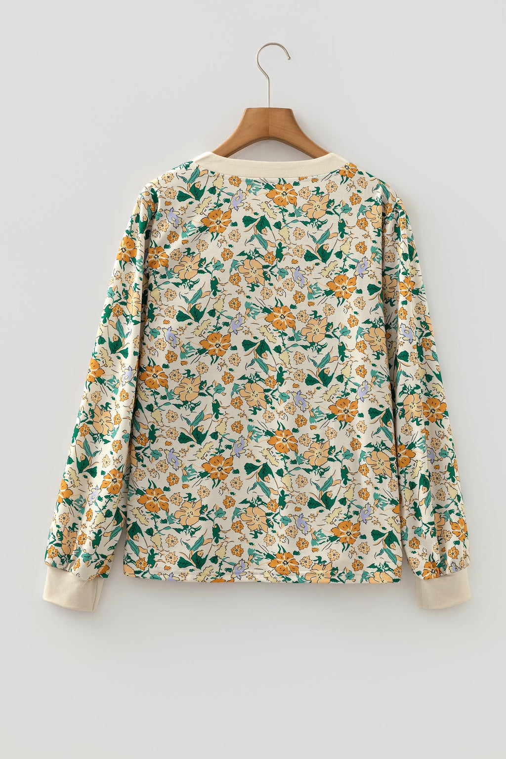 Floral Button Notch V-Neck Long Sleeve Top