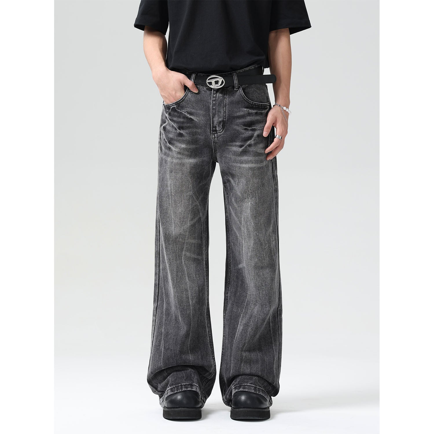 Washed Wide Leg High Street Denim Men's Loose Straight Leg Pants