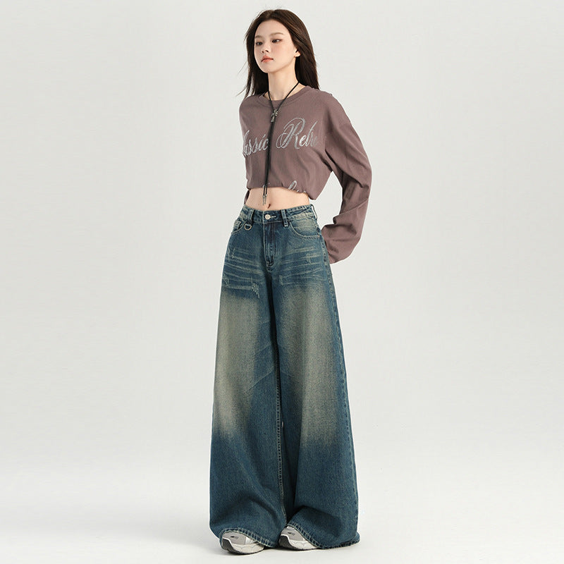 Women's Heavy Wash Denim Pants Loose Wide Leg Trousers - Retro Lazy Fit