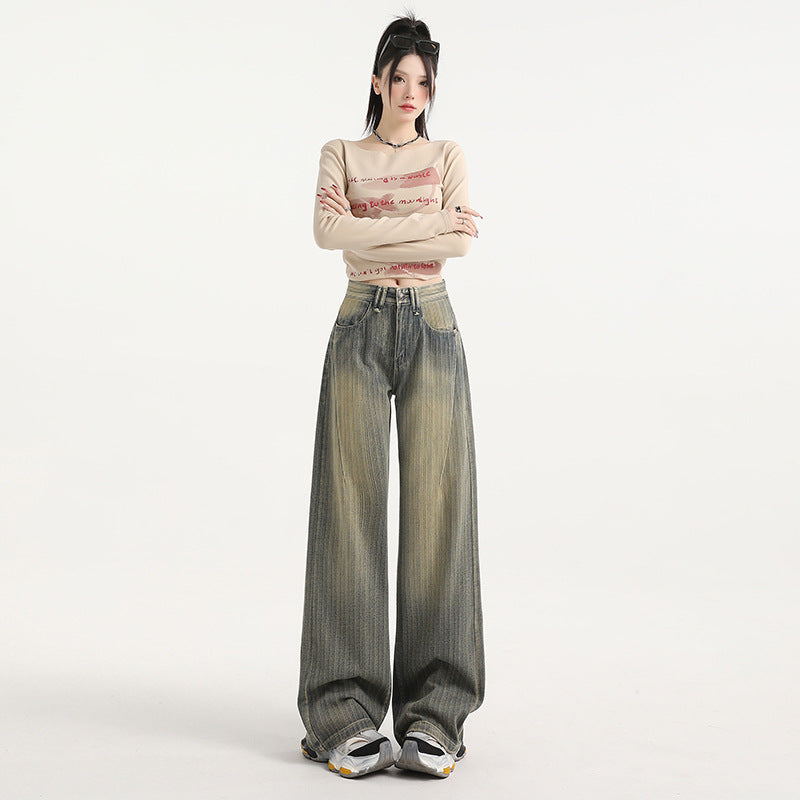 Distressed Stripe Denim Pants for Women - Fashionable Straight Leg Wide Leg Trousers