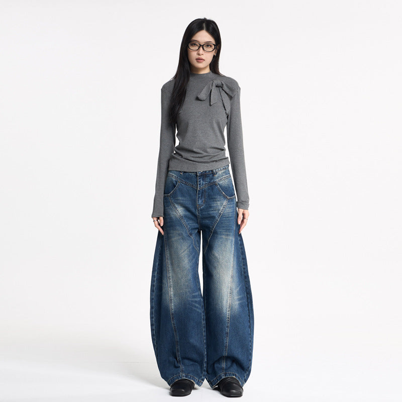 Women's Knife-Leg Jeans with Whiskers - Loose Casual Wide-Leg Pants