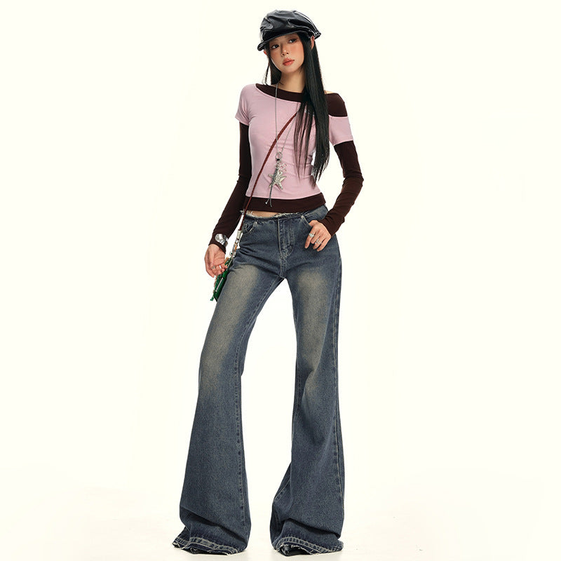 Women's Low Waist Flared Jeans - Long Trumpet Pants Non-Skinny Trousers