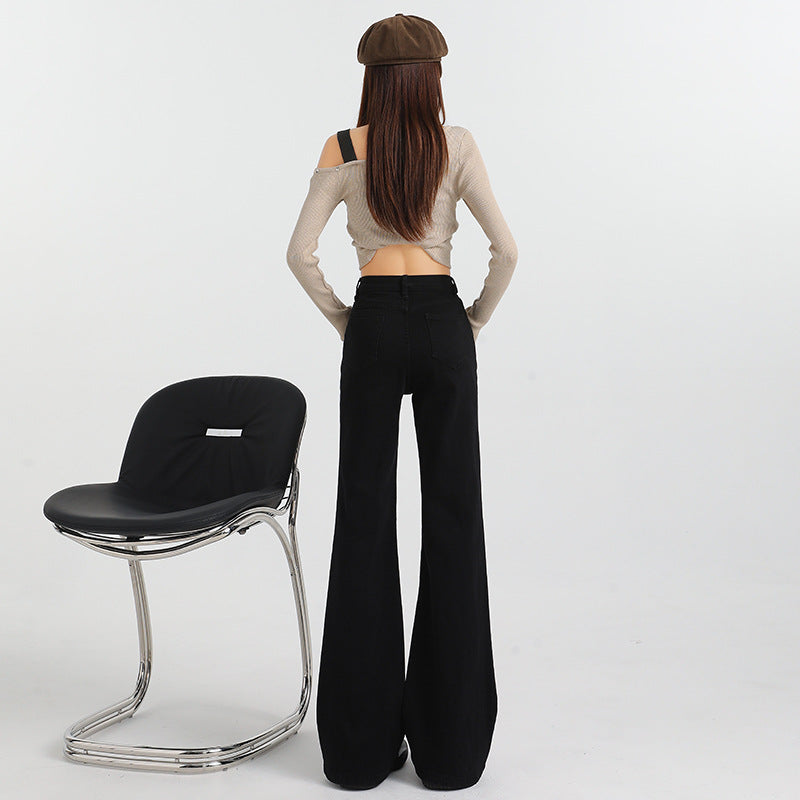 Women's Black Flared Denim Trousers - High Waist Elastic Slimming Wide Leg Pants