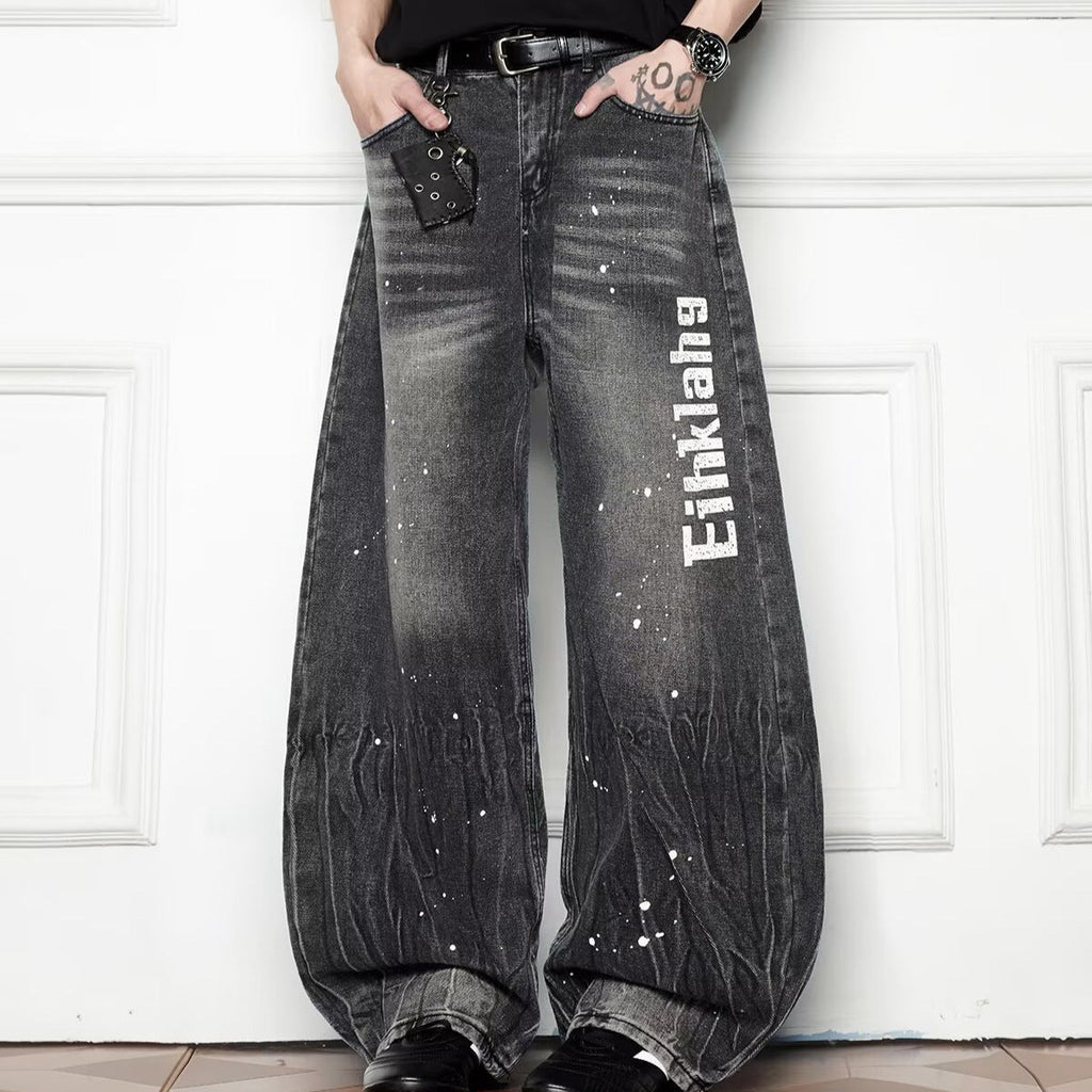 Splash Ink Wash Wide Leg Denim Loose Casual Curved Knife Pants