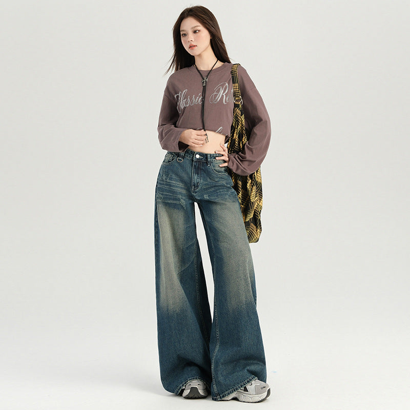 Women's Heavy Wash Denim Pants Loose Wide Leg Trousers - Retro Lazy Fit