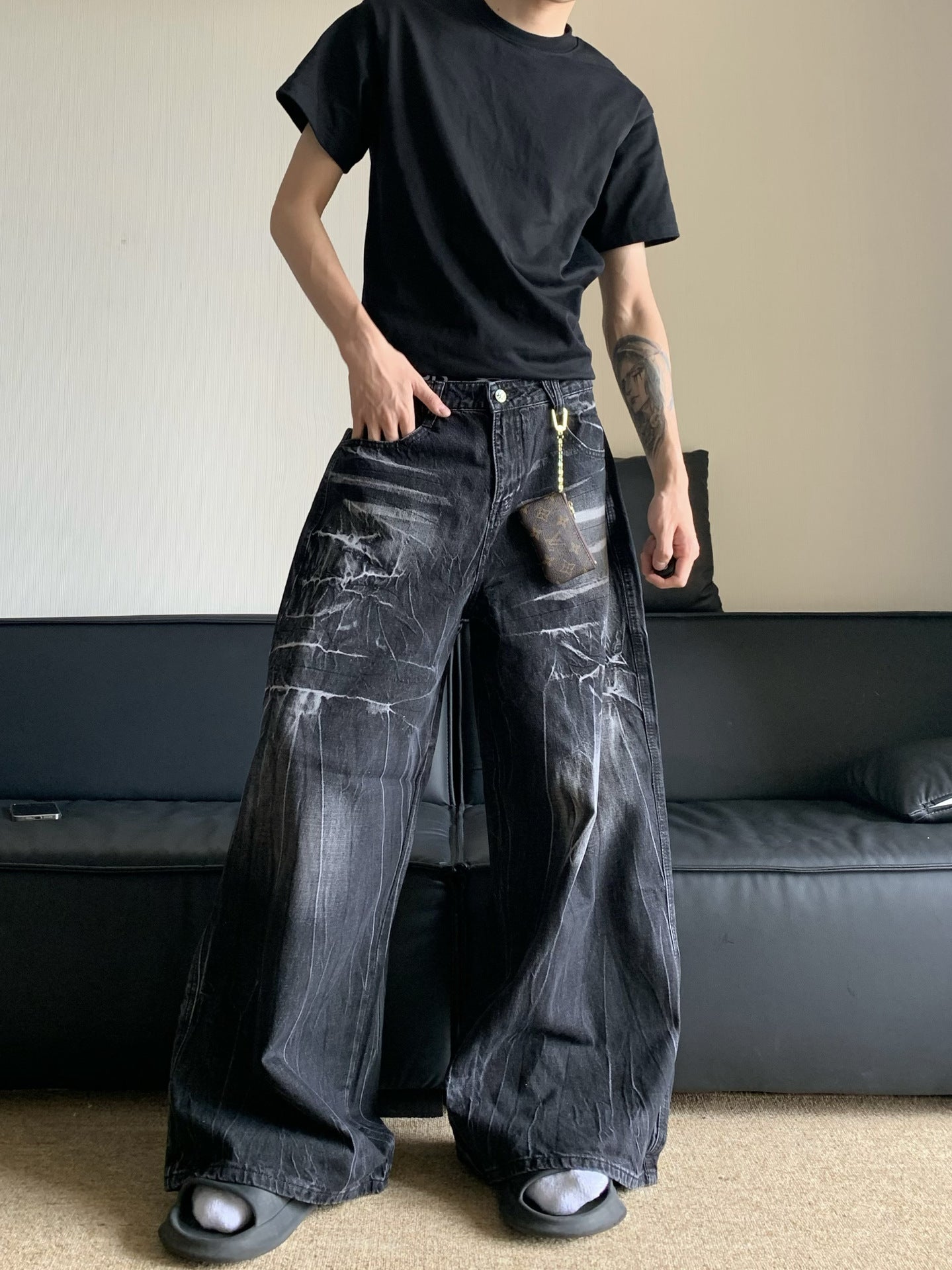 Black Lightning Pattern Jeans for Men and Women - High Street Cleanfit Wide Leg Pants