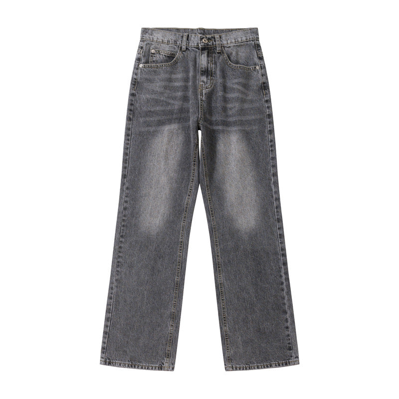 Washed Vintage Smoky Gray Denim Pants - Unisex  Loose Straight Leg All-Match Long Pants