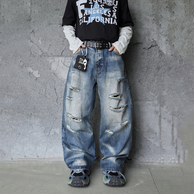 Vintage  Design Ripped Streetwear Loose Fit Jeans for Men