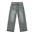 Denim Frayed Hem Washed Wide-Leg Jeans - Men's Retro Loose Straight Fit Trousers