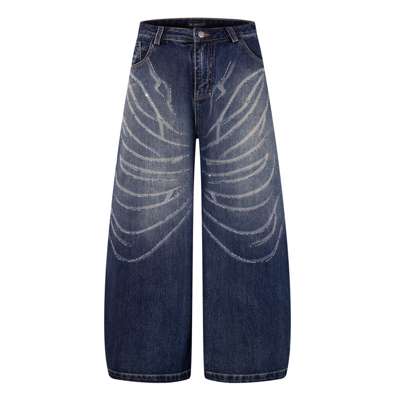 Style Butterfly Cat Whisker Laser-Printed Denim Pants - Unique Wide Leg, Loose Fit, Straight Cut Jeans