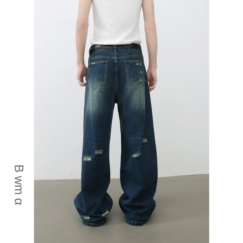 Wide-Leg Distressed Denim Trousers for Men - Loose Straight Vintage Floor-Length Pants