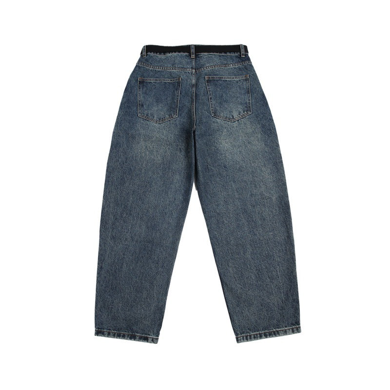 Japanese Slant Collar Large Pocket Jeans - Micro Tapered Loose Casual Pants