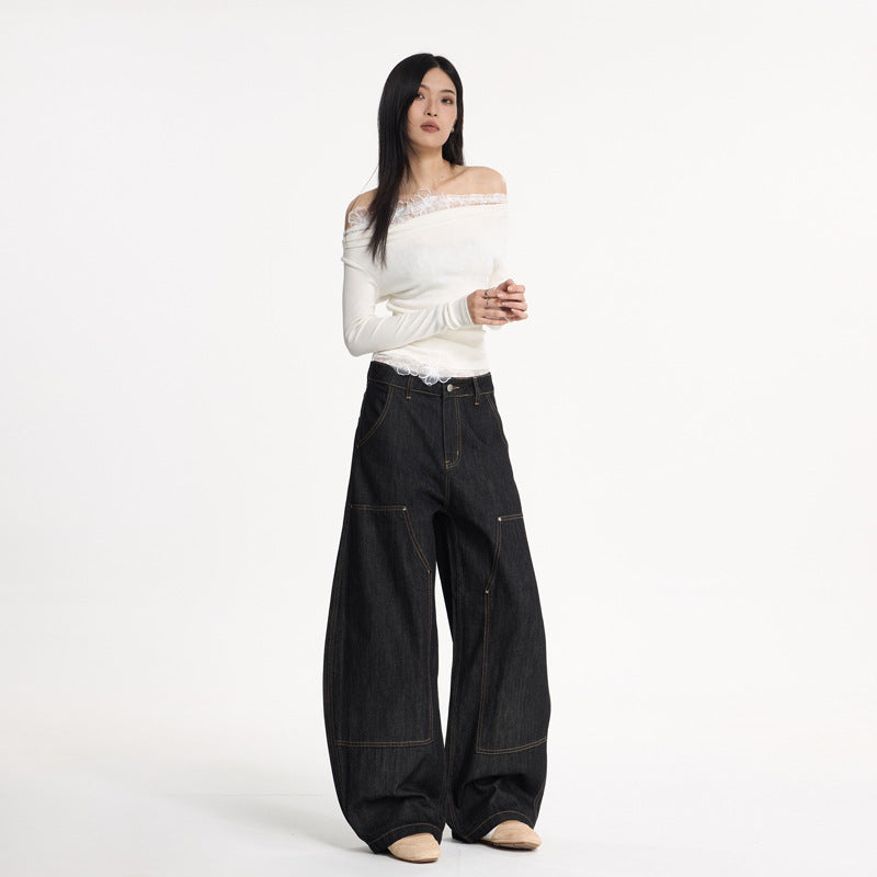 Women's Wide-Leg Original Black Denim Pants - Loose Casual Versatile Long Trousers