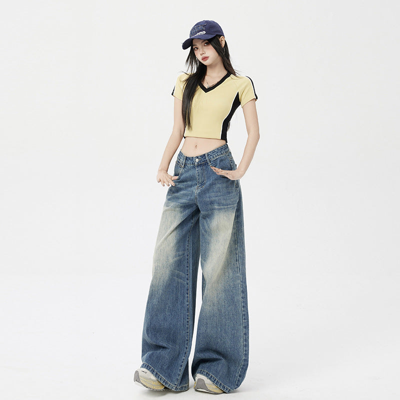 Women's Washed Vintage Blue Draped Loose High-Waist Wide-Leg Jeans