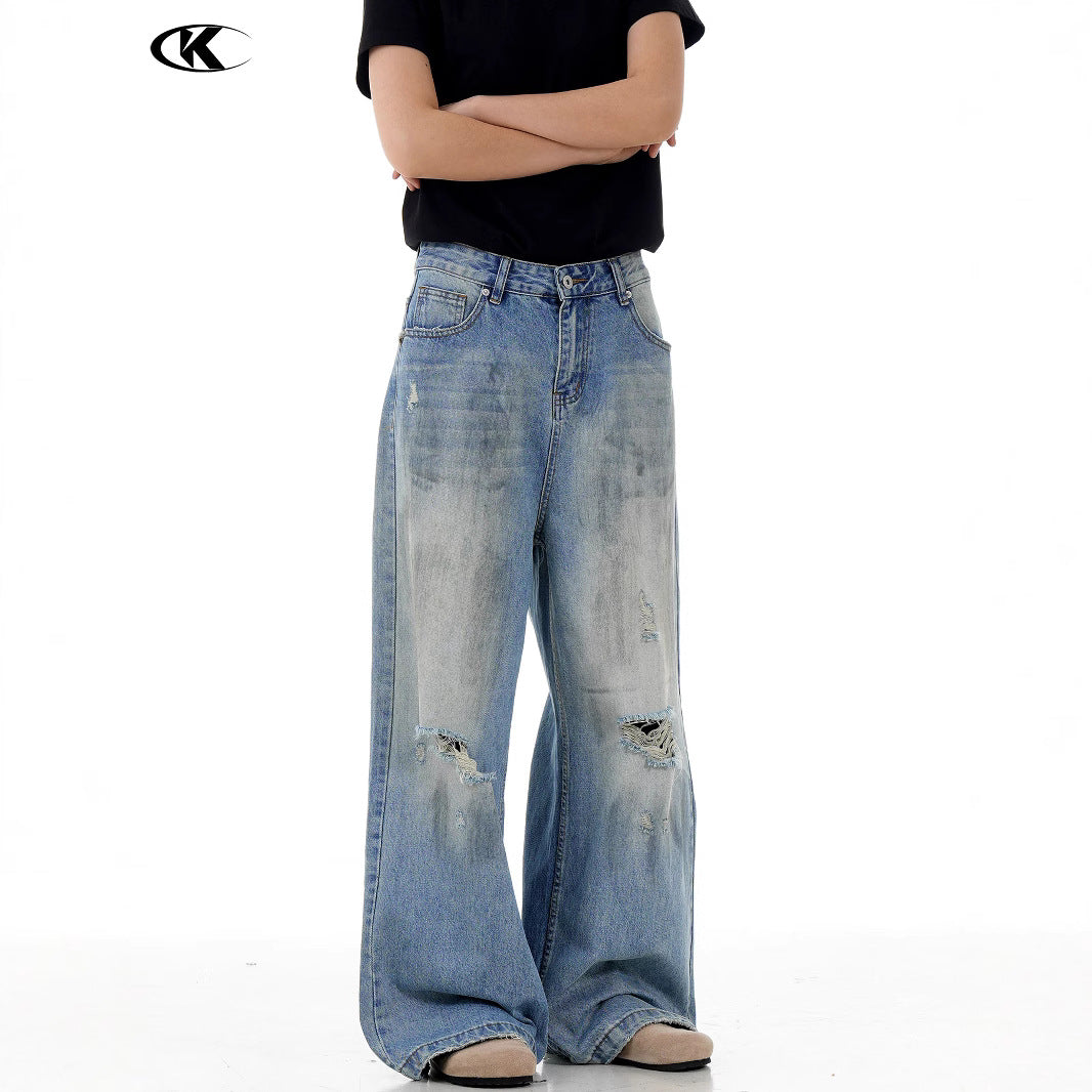 Faded Distressed Denim Pants for Men and Women | Streetwear Straight Loose Slim Fit