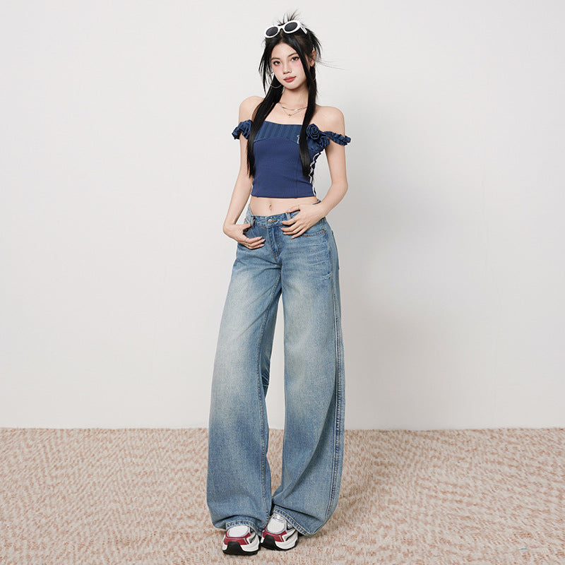 Women's Low-Waist Loose Wide-Leg Pants - Casual Straight-Leg Jeans