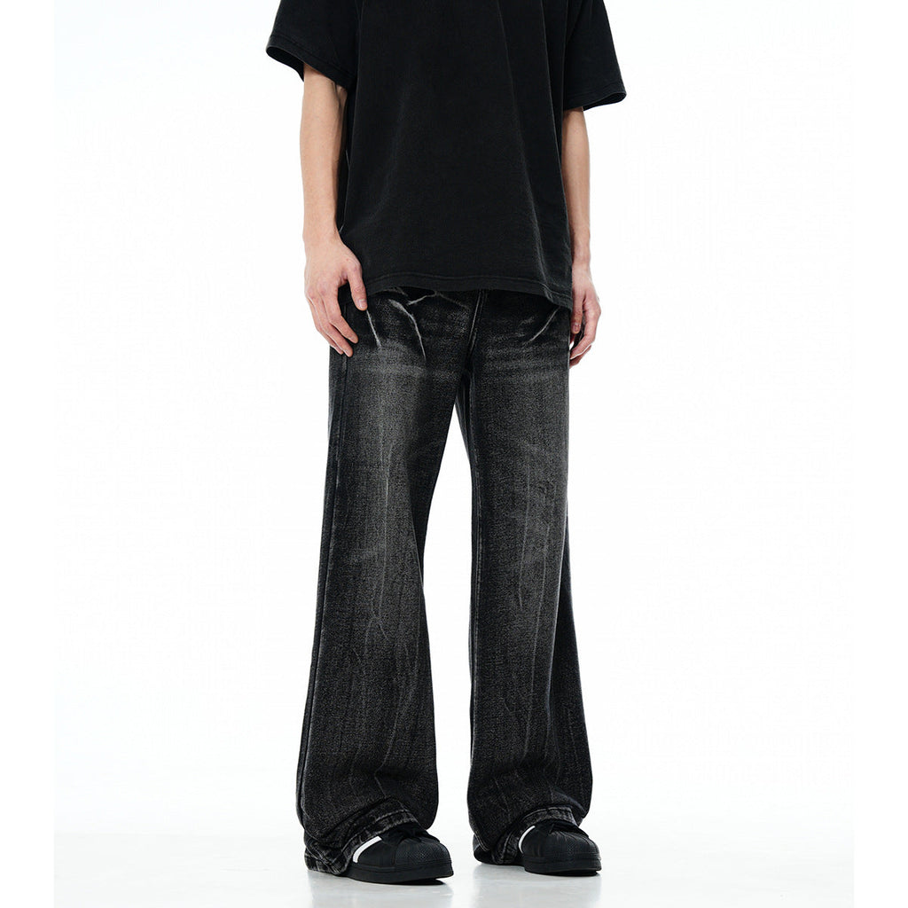 High Street Lightning Crack Washed Denim Trousers - Faded Cat Whiskers Loose Flared Jeans