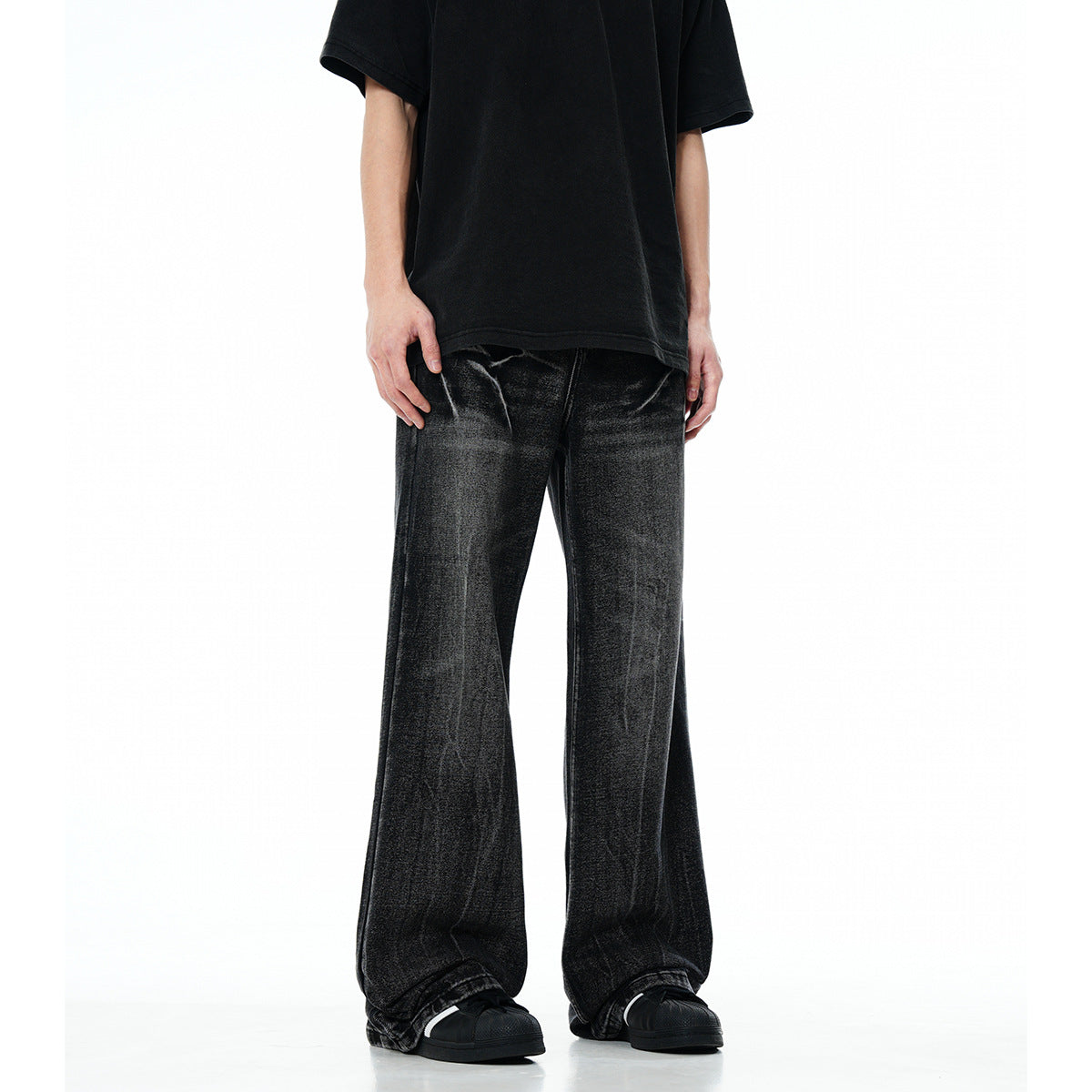 High Street Lightning Crack Washed Denim Trousers - Faded Cat Whiskers Loose Flared Jeans