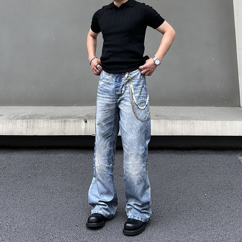 Chain Pendant Printed Jeans for Men - Summer Loose Straight Leg Wide Leg Pants