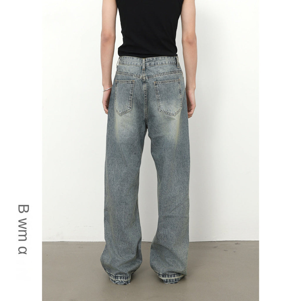 Denim Frayed Hem Washed Wide-Leg Jeans - Men's Retro Loose Straight Fit Trousers