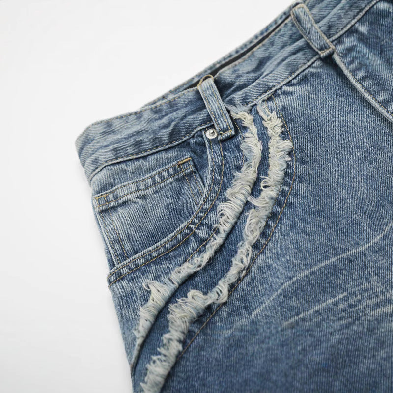 Men's Fuzzy Pocket Denim Pants - Washed Blue Loose Fit Trousers