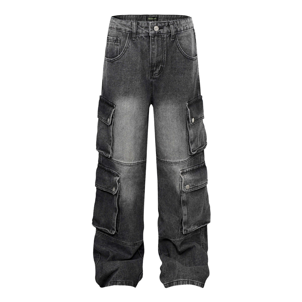 High Street Washed Vintage Multi-Pocket Denim Work Pants - Unisex Loose Wide-Leg Tactical Trousers
