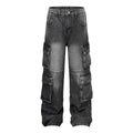 High Street Washed Vintage Multi-Pocket Denim Work Pants - Unisex Loose Wide-Leg Tactical Trousers