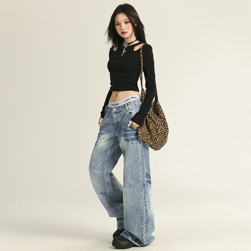Women's Pleated Wide-Leg Jeans - Low-Waist Straight Leg Slimming Pants