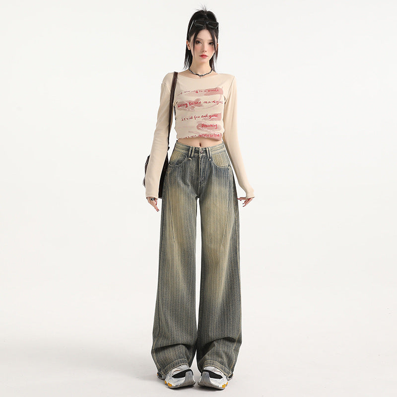 Distressed Stripe Denim Pants for Women - Fashionable Straight Leg Wide Leg Trousers