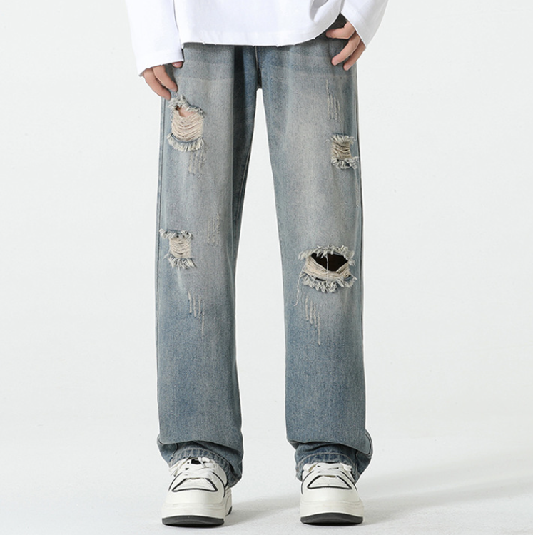 Men's Loose Straight Leg Trousers - Vintage Blue Wide Leg Pants