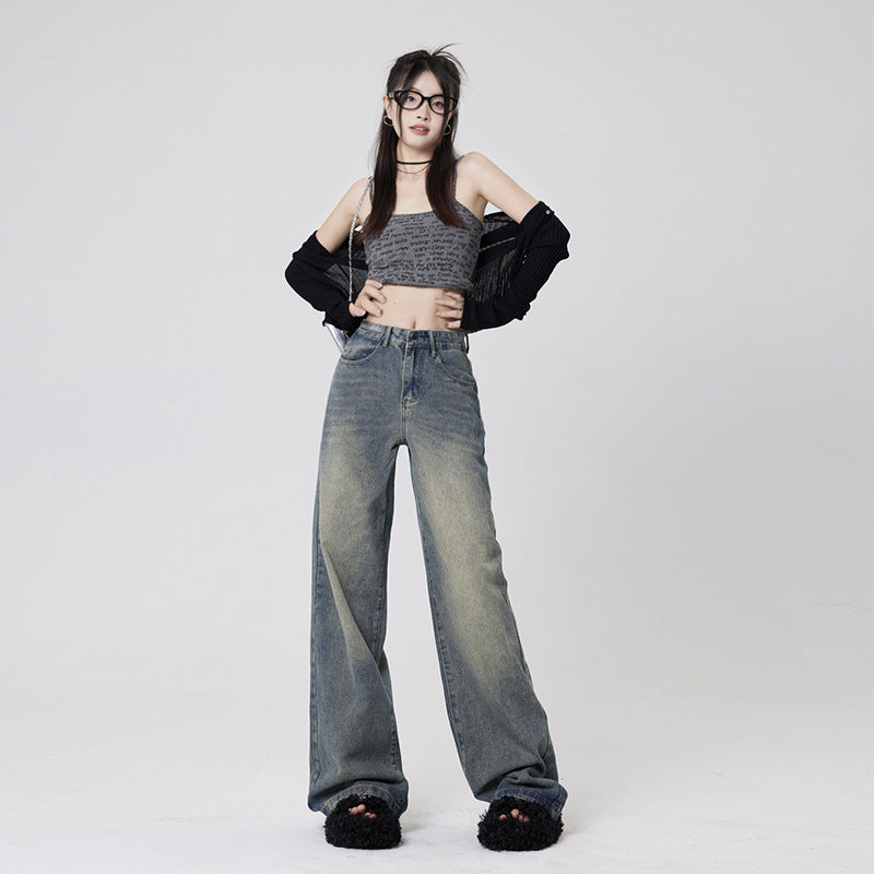 Women's Mid-Waist Loose Washed Wide-Leg Jeans with Floor-Length Pants