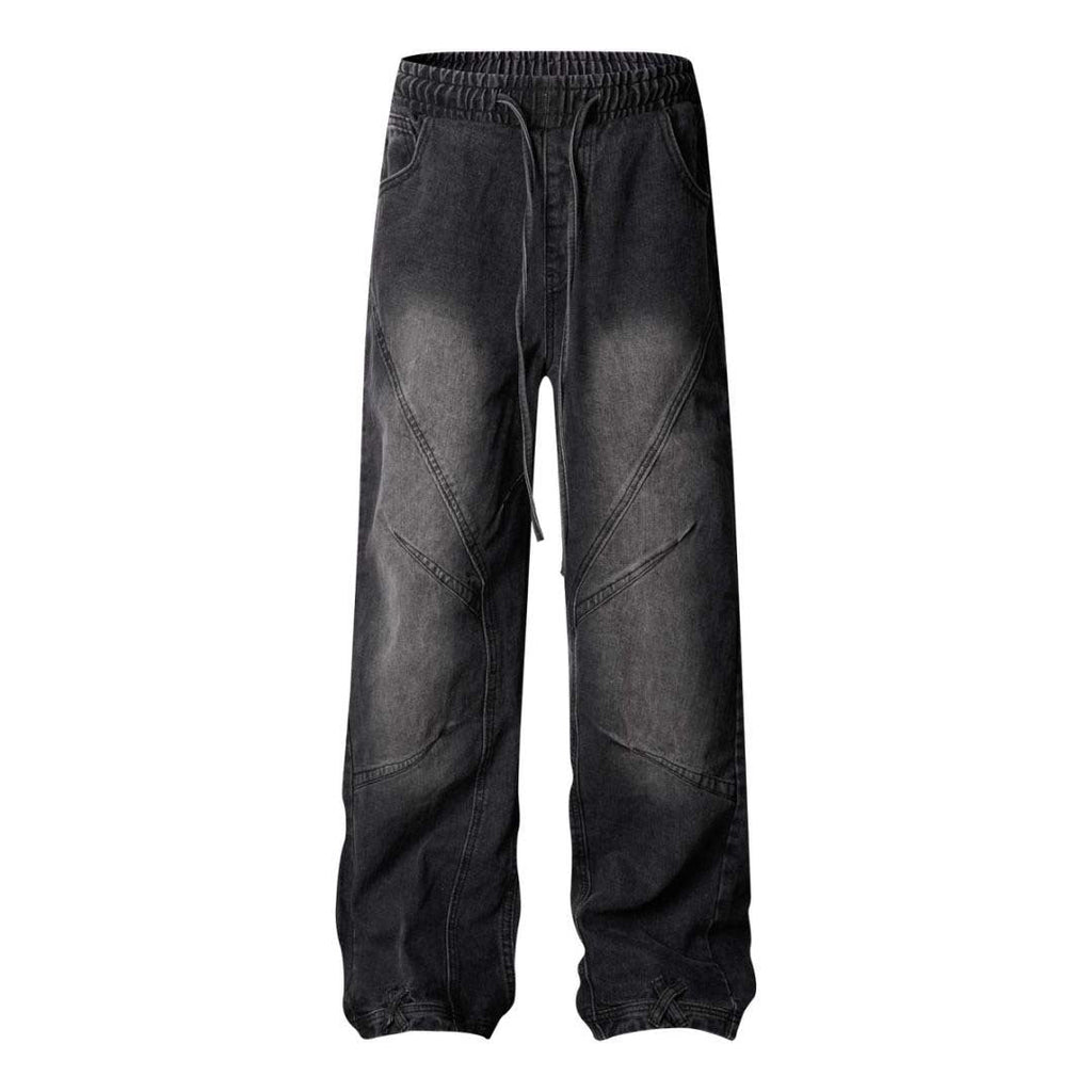 High Street Washed Distressed Pleated Reverse Denim Pants - Unisex Loose Wide Leg Straight Trousers