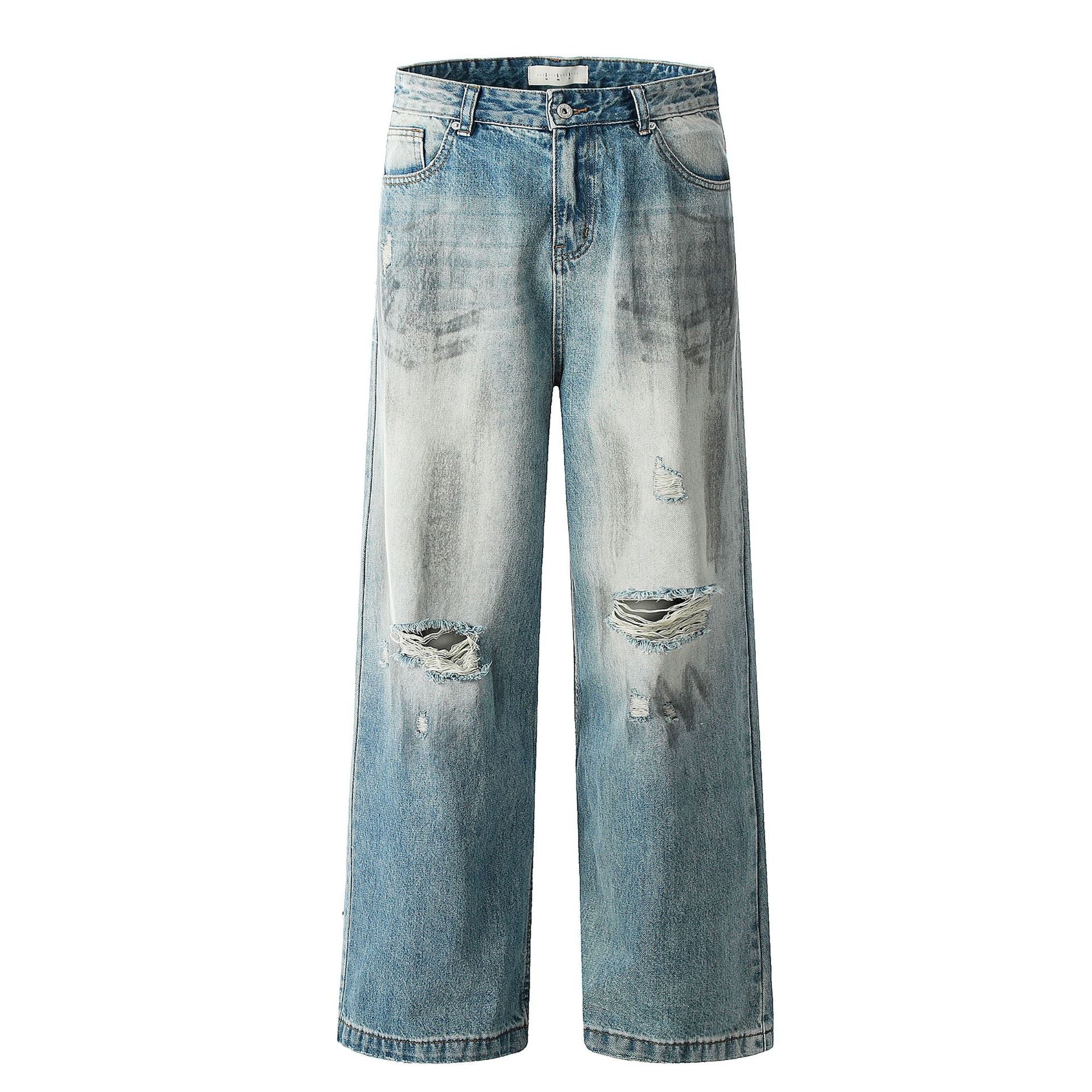 Faded Distressed Denim Pants for Men and Women | Streetwear Straight Loose Slim Fit