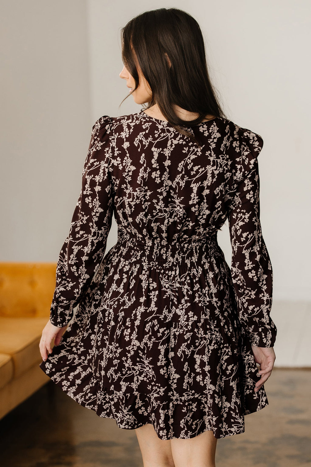 Brown Ditsy Floral Print Split Neck Long Sleeve Shirred Waist Flared Mini Dress