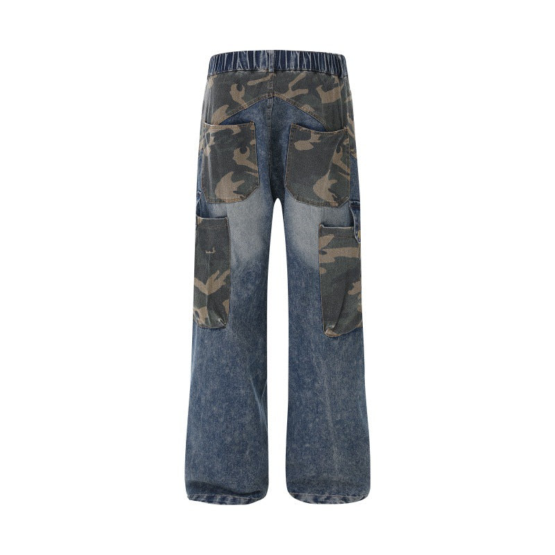 Washed Vintage Camouflage Spliced Straight Leg Wide Leg Denim Pants