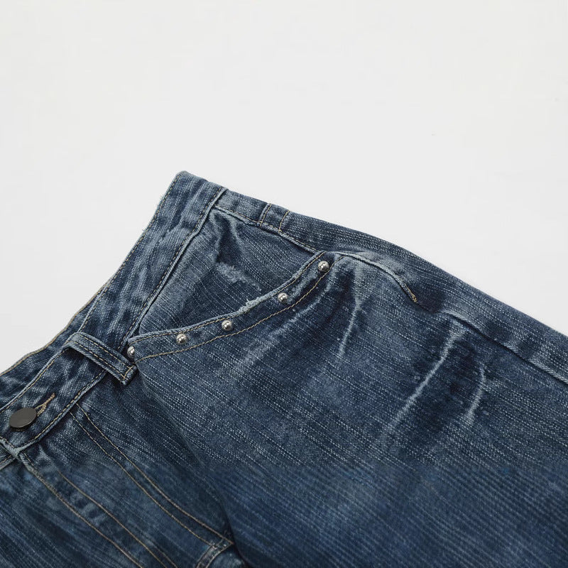 Street Retro Rivet Lightning Denim Pants - Unisex Loose Fit Trousers