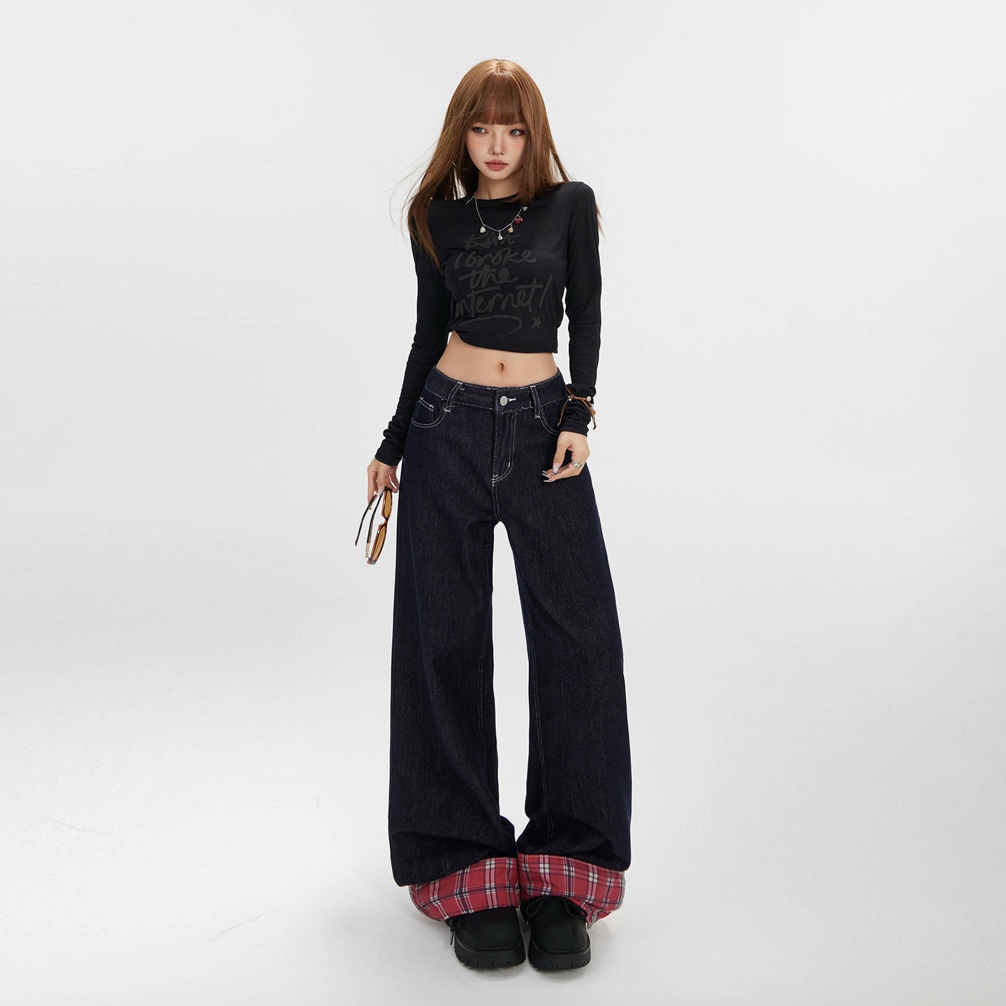 Women's Spliced Mid-Waist Denim Pants - Wide-Leg Straight Loose Trousers