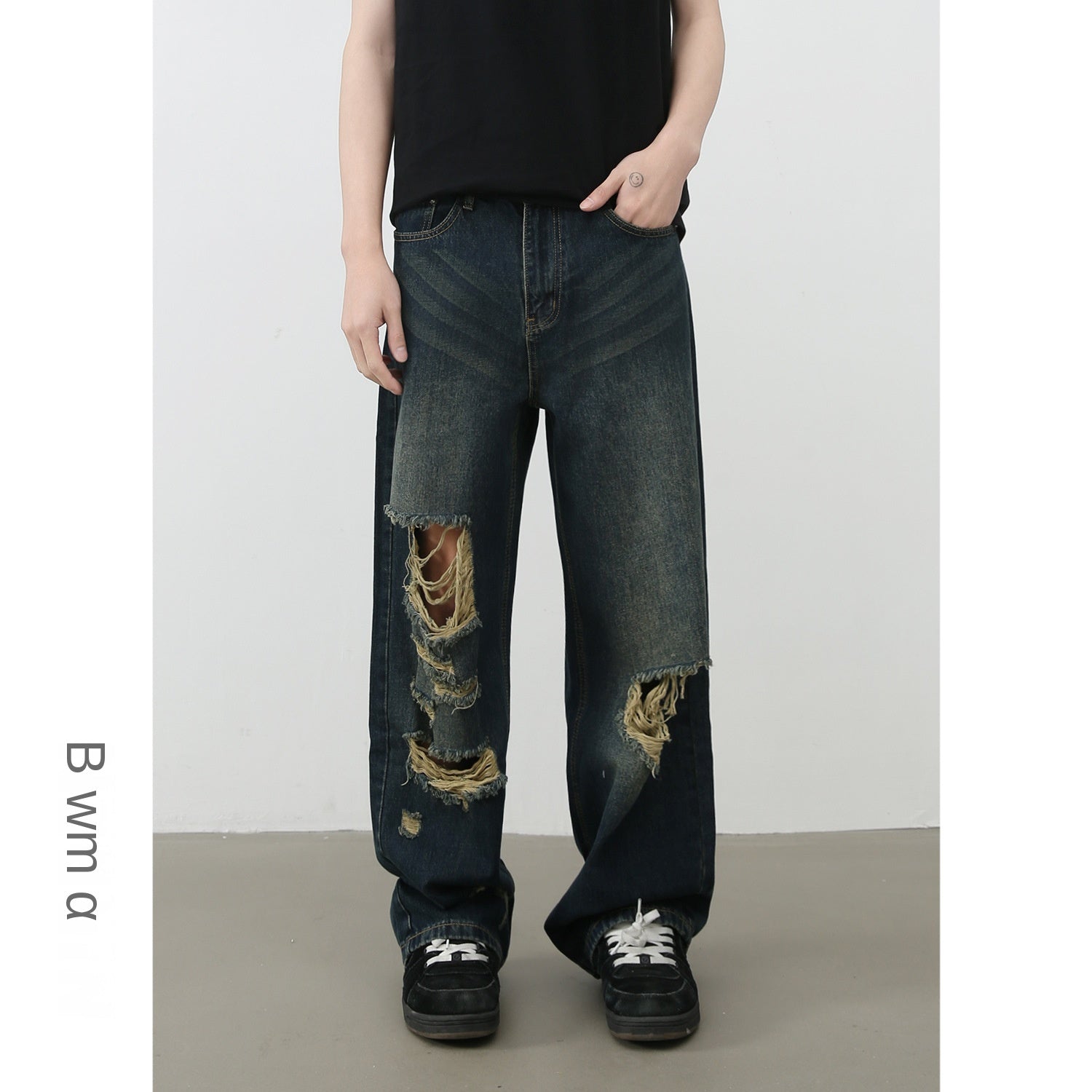 American High Street Retro Distressed Denim Trousers - Men's Straight Loose Wide-Leg Pants