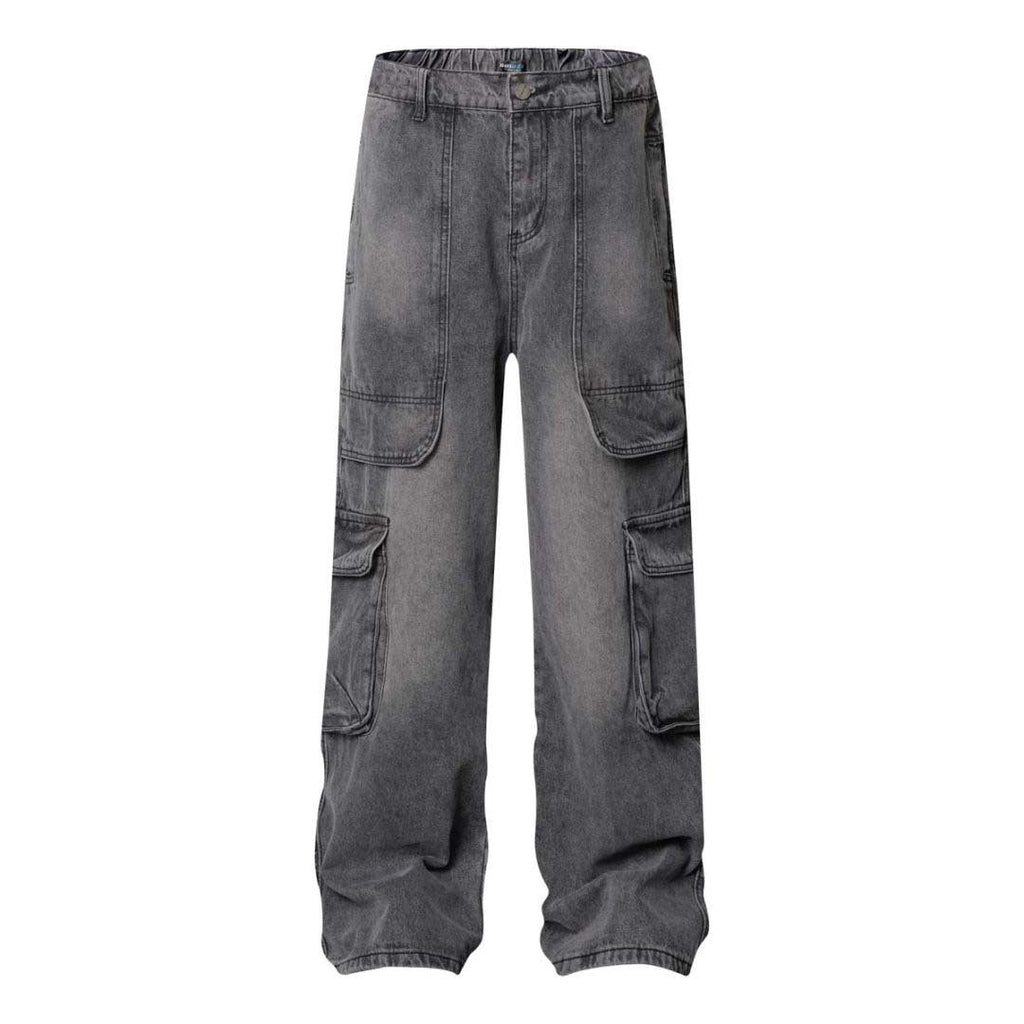 High Street Washed Vintage Multi-Pocket Denim Work Pants - Unisex Loose Wide Leg Trousers