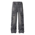 High Street Washed Vintage Multi-Pocket Denim Work Pants - Unisex Loose Wide Leg Trousers
