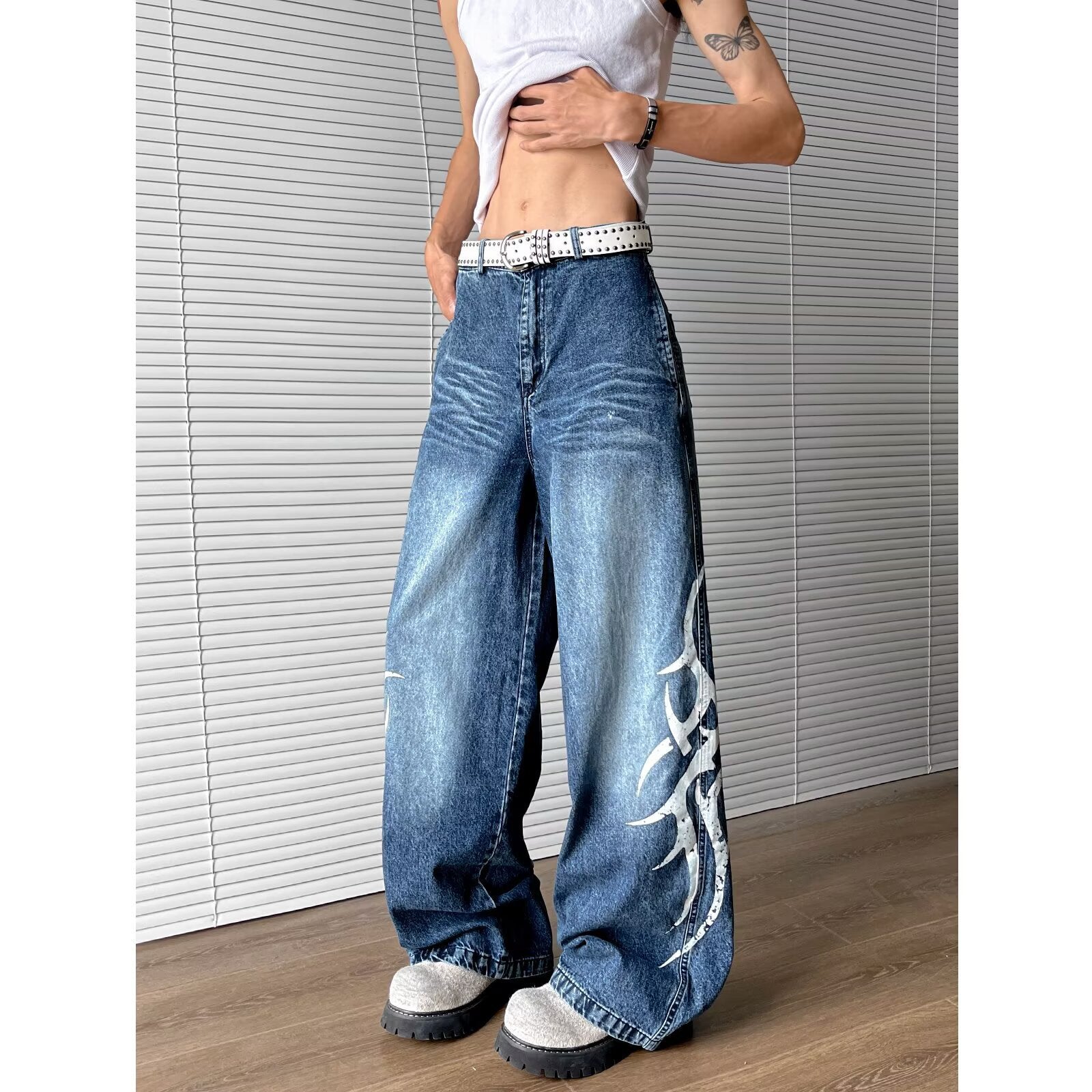 Washed Totem Print Loose Straight Leg Denim Retro Wide Leg Casual Pants