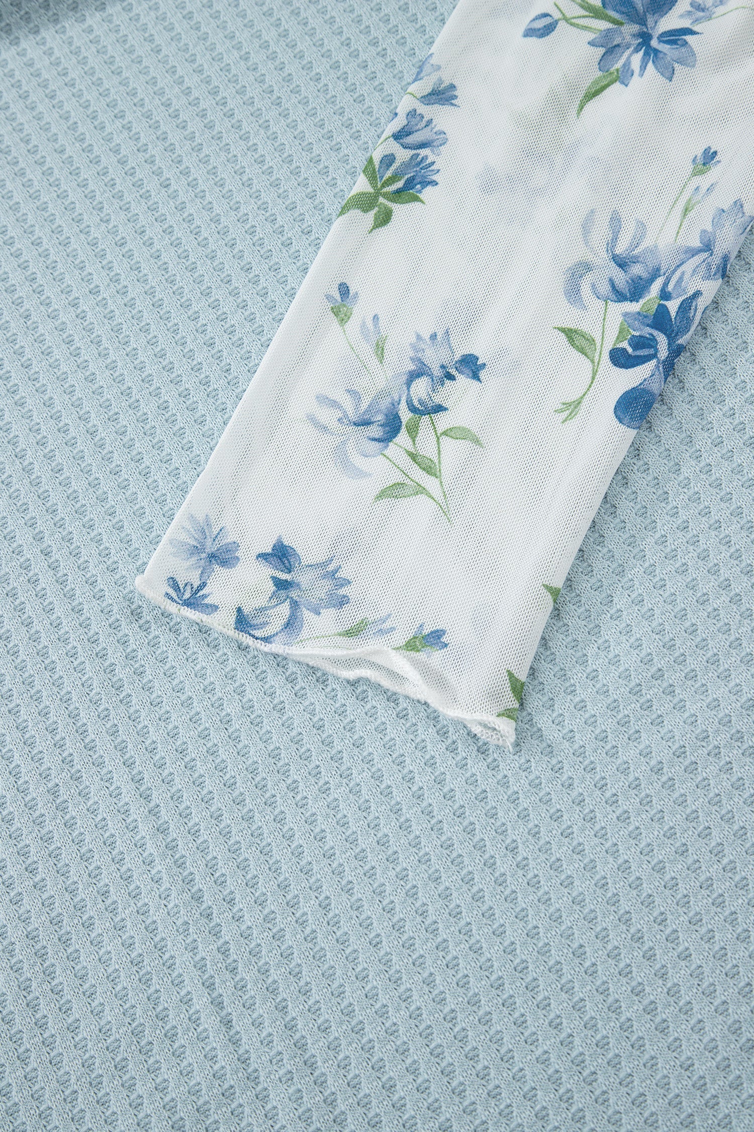 Floral Mesh Patchwork Waffle Fake Two-Piece Top