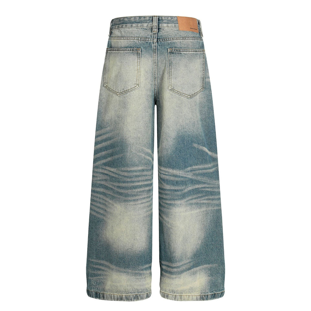 High-End Vintage Cat-Whisker Texture Pleated Design Men's Wide-Leg Casual Jeans