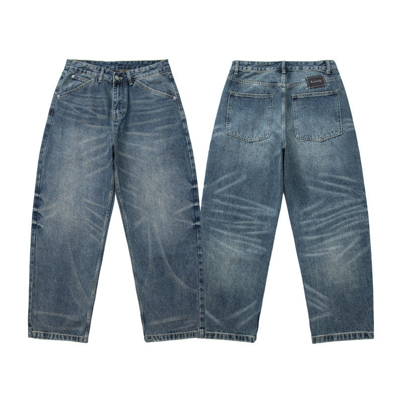 Loose Vintage Washed Catwhisker Denim Tapered Casual Pants