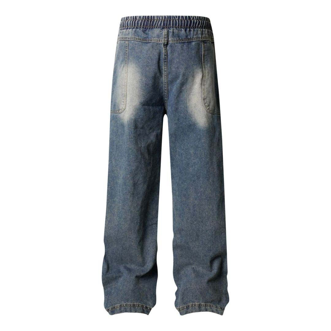 High Street Washed Distressed Pleated Reverse Denim Pants - Unisex Loose Wide Leg Straight Trousers