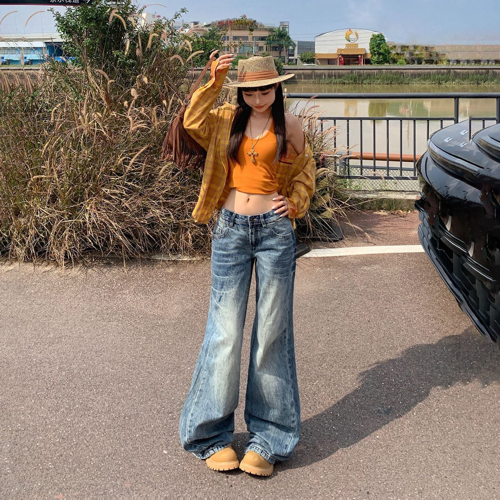 Women's Low-Waist Denim Pants - Wide-Leg Loose Flare Trousers