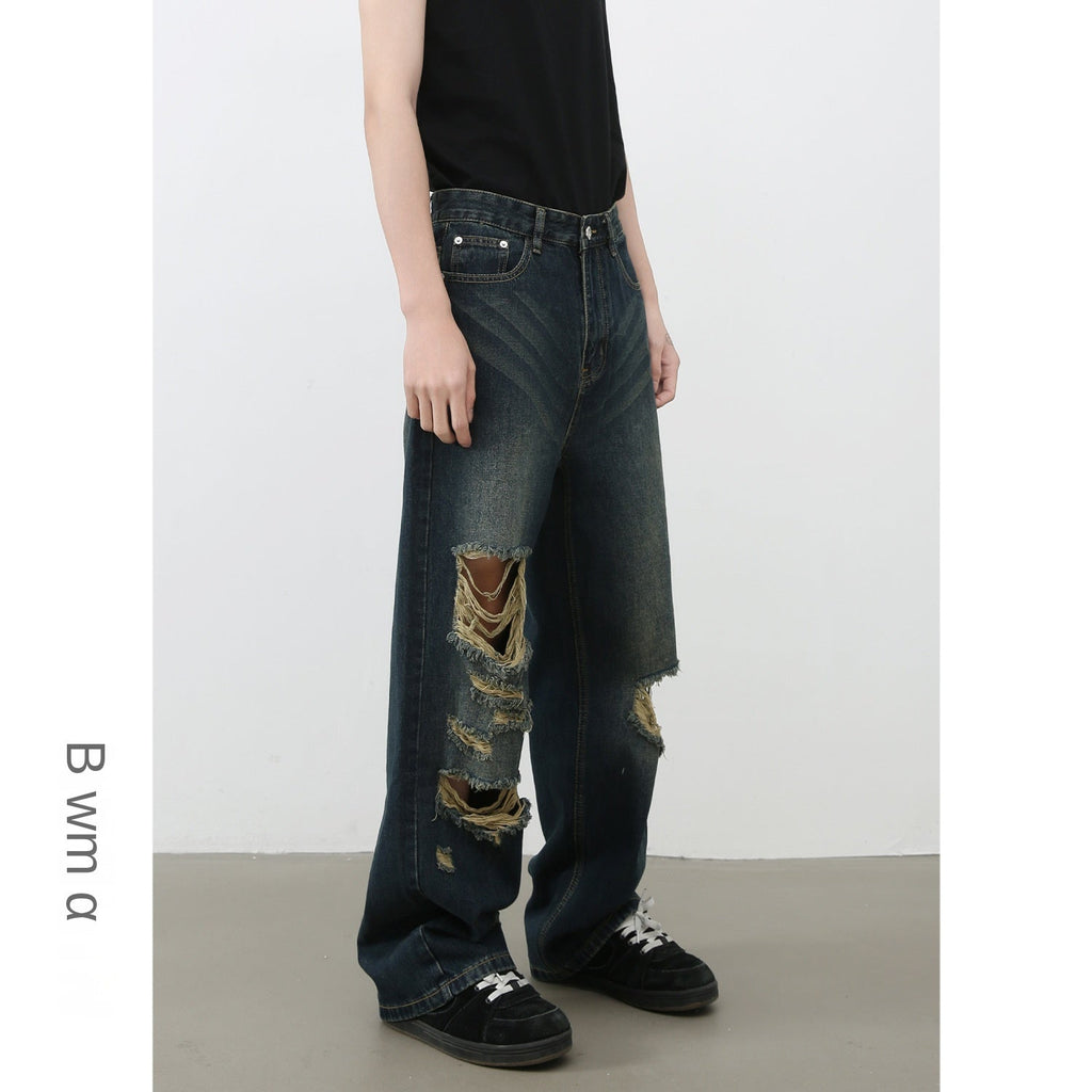 American High Street Retro Distressed Denim Trousers - Men's Straight Loose Wide-Leg Pants